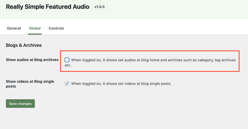 Global settings of really simple featured audio in WordPress Dashboard